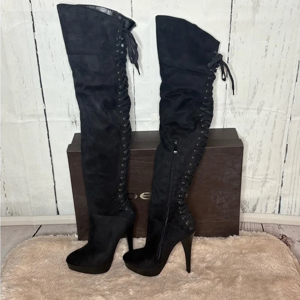 bebe Black Lace-Up Over-the-Knee Stiletto Boots